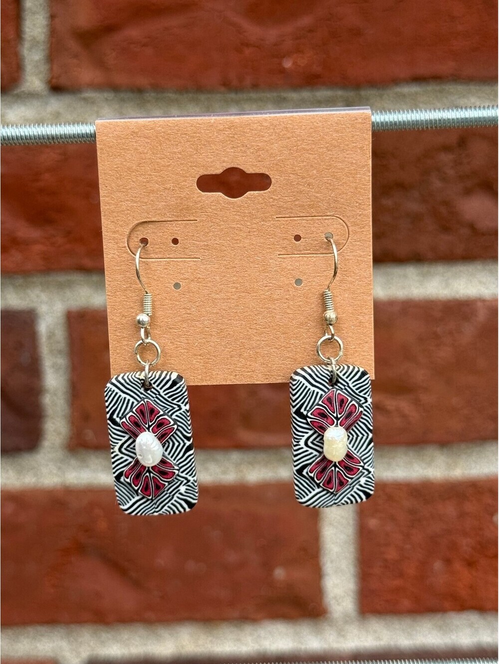 Handmade Polymer Clay Earrings Black Maroon with Pearl Like Bead - Picture 3 of 4